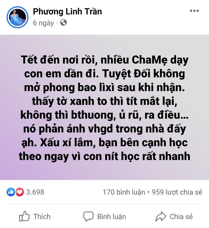 Sao Việt nêu quan điểm lì xì cho trẻ con ngày Tết