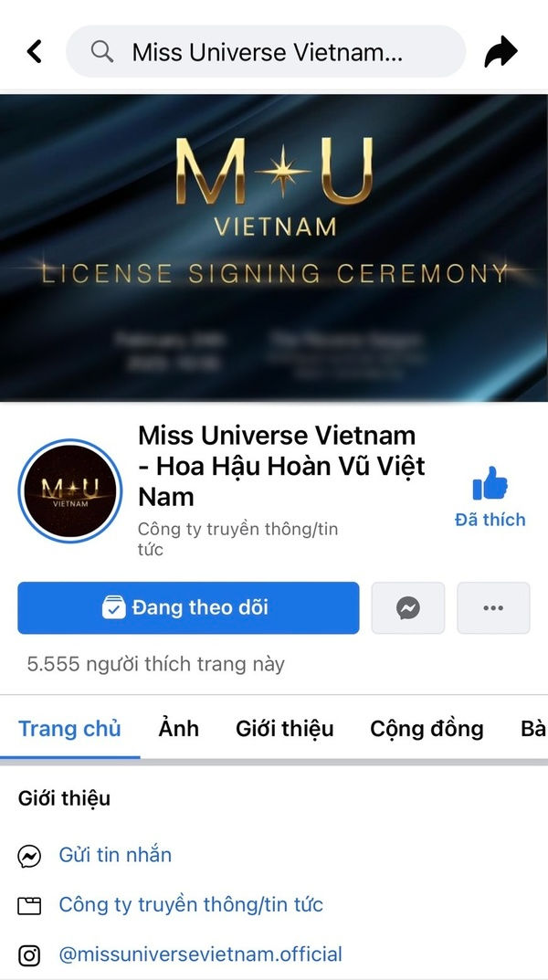  MUVN bất ngờ thêm "Hoa hậu Hoàn vũ Việt Nam" vào tên trên fanpage chính thức. (Ảnh: Chụp màn hình MUVN)