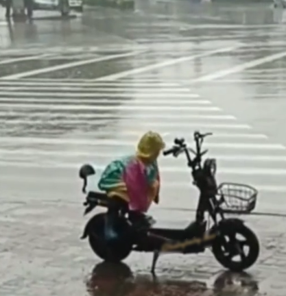 Trời mưa tầm tã, em bé luýnh quýnh nhướn người che chắn yên xe cho bố