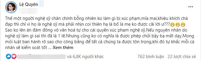 Lệ Quyên bức xúc nghệ sĩ chân chính, không làm gì vẫn bị xúc phạm