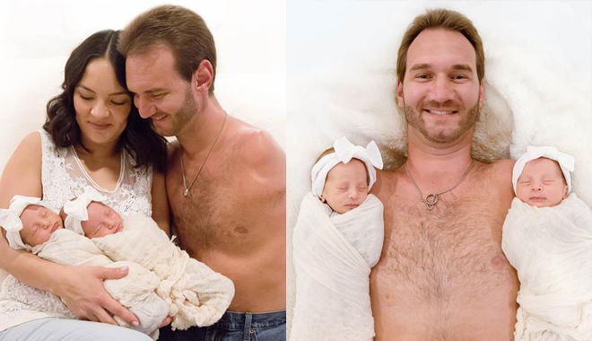 Hình ảnh Nick Vujicic bên hai con song sinh đẹp như thiên thần