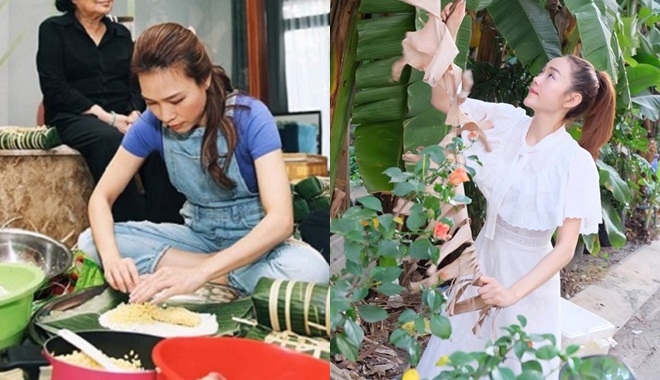 Sao Việt gói bánh ngày Tết: Minh Hằng tự tay chặt lá chuối, Mỹ Tâm quá "nghề"
