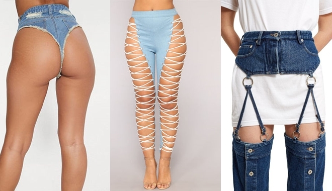 Kiểu quần jeans thách thức người mặc, không những cũn cỡn như quần chip mà còn rách tơi tả