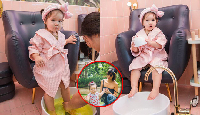 Mới hơn 1 tuổi con gái siêu mẫu Hà Anh đã đi massage sang chảnh