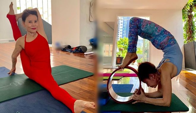 Ở tuổi 63, mẹ ruột của Hồ Ngọc Hà thực hiện tư thế yoga cực khó