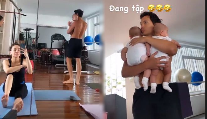 Tâm lý như chồng Hà Hồ: Một nách hai con cho vợ tập gym