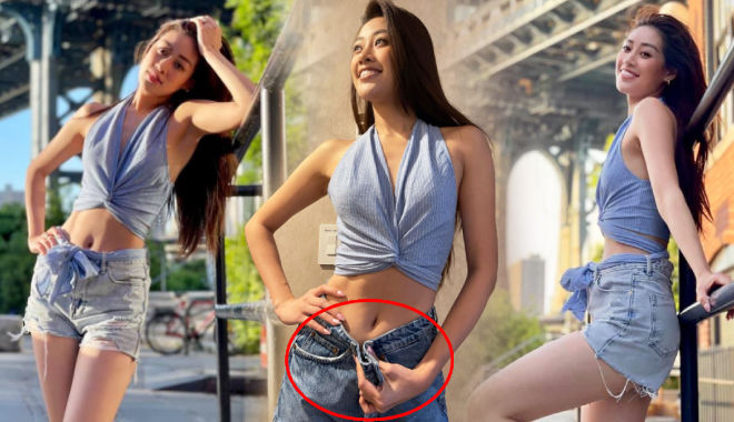 Khánh Vân sút 6kg hậu Miss Universe, phải lấy dây túi buộc lưng quần
