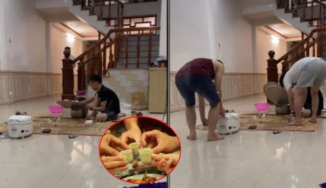 Chồng và bạn nhậu tự dọn dẹp mâm bát sau khi đánh chén no nê