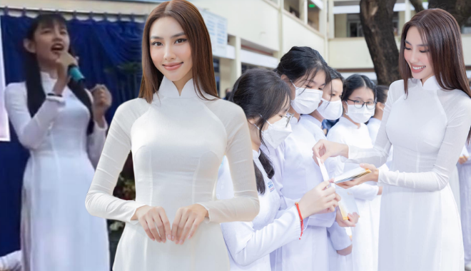 2 lần diện áo dài trắng trước toàn trường: giờ Thùy Tiên là Hoa hậu