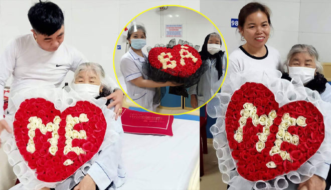 Cụ bà rưng rưng xúc động khi con cháu mua hoa vào viện mừng ngày 8/3