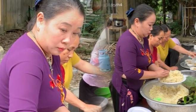 Mẹ chồng đang mặc áo dài vẫn vào bếp đơm xôi trong ngày cưới của con