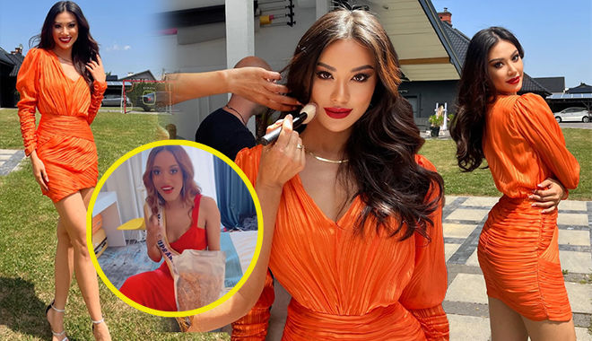 Á hậu Kim Duyên mở màn với outfit đầu tiên, mang cả khô gà đãi bạn bè