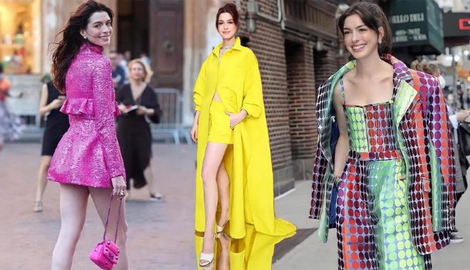Anne Hathaway diện outfit sặc sỡ, khó nhằn: Hồng, vàng đều cân tất