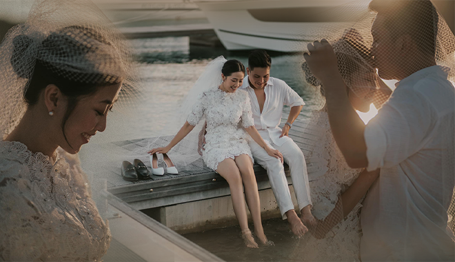 Ảnh cưới của Liêu Hà Trinh và chồng Việt kiều ở bến du thuyền