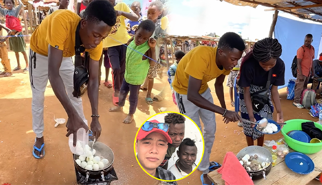 Team Quang Linh Vlog mang thịt kho trứng bán ở chợ Angola 