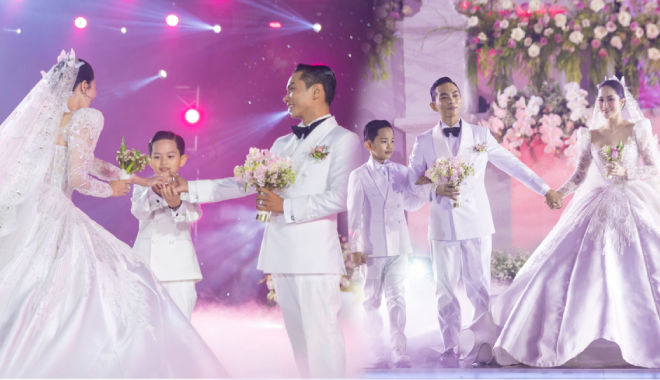 Con trai Khánh Thi dắt mẹ lên lễ đài trao tay cho bố trong lễ cưới