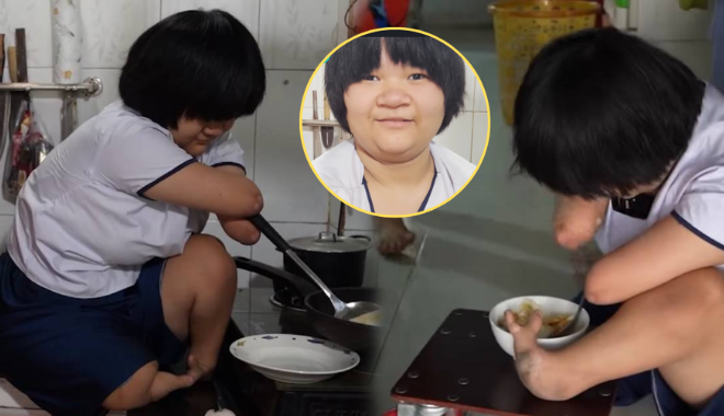 Cô bé 15 tuổi khiếm khuyết tay và chân, vẫn tự mình chiên cơm cho mẹ