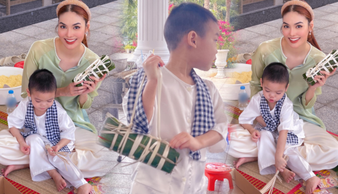 Lan Khuê cùng con trai gói bánh chưng tại villa "dát vàng"