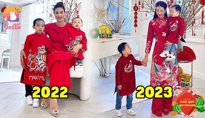 Mẹ con Phạm Hương diện sắc đỏ đón Tết, nổi bật tại dinh thự y Tết 2022