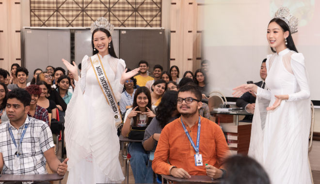 Hoa hậu Bảo Ngọc diễn thuyết tại trường Đại học ở Ấn Độ