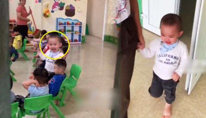 Cậu bé mầm non vừa thấy bố là hớn hở giục cô mở cửa rồi đi về luôn